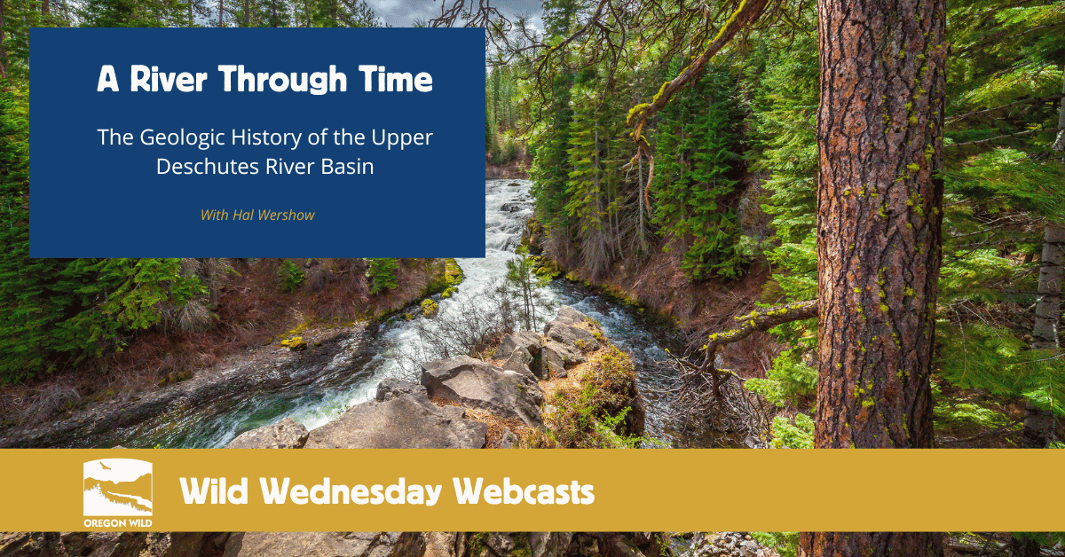 Webcast: A River Through Time - The Upper Deschutes Rive -  A River runs from the top of the image to the bottom surrounded by green trees and a large rocky outcropping in the foreground