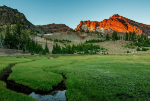 A green meadow with streams running through it and jagged rocky peaks in the background photo by Michael Sawiel