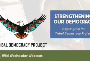 A stylized image of a bald eagle with wings outstretched over an image of a ballot Webcast: Strengthening Our Democracy: Insights from Tribal Democracy Project